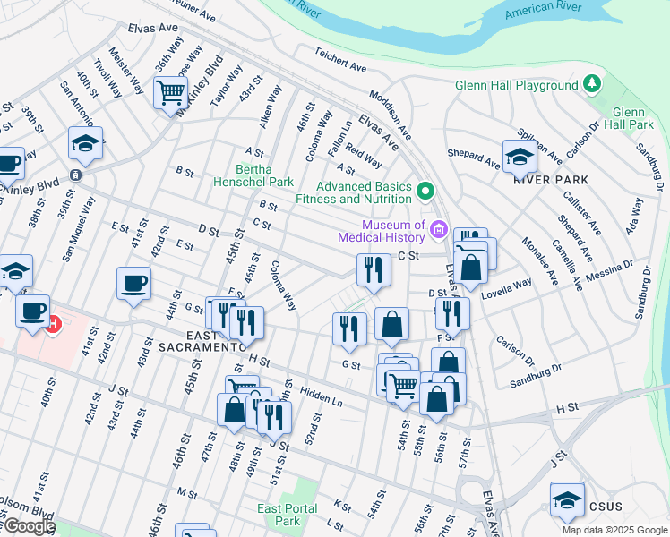 map of restaurants, bars, coffee shops, grocery stores, and more near 429 Pala Way in Sacramento