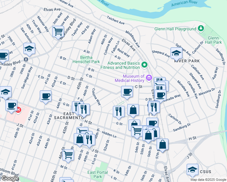 map of restaurants, bars, coffee shops, grocery stores, and more near 429 Pala Way in Sacramento