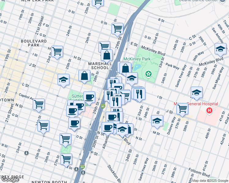 map of restaurants, bars, coffee shops, grocery stores, and more near 1014 Alhambra Boulevard in Sacramento