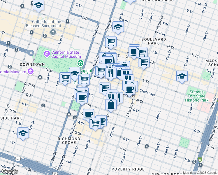 map of restaurants, bars, coffee shops, grocery stores, and more near 1830 N Street in Sacramento