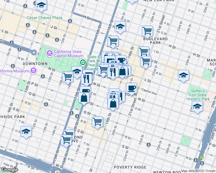 map of restaurants, bars, coffee shops, grocery stores, and more near 1414 18th Street in Sacramento