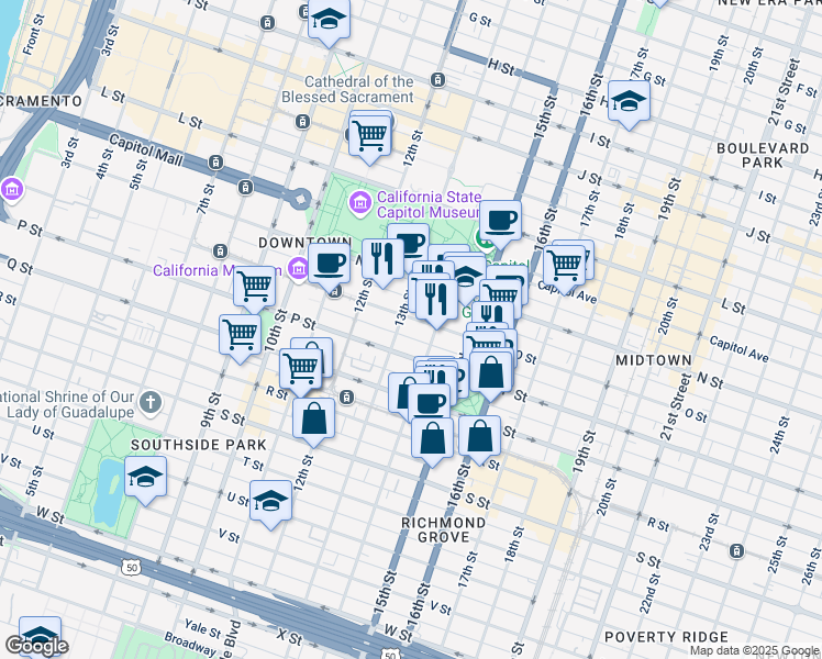 map of restaurants, bars, coffee shops, grocery stores, and more near 1331 P Street in Sacramento