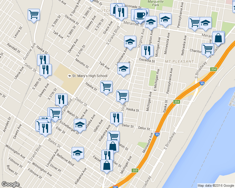 map of restaurants, bars, coffee shops, grocery stores, and more near 4676 Idaho Avenue in St. Louis