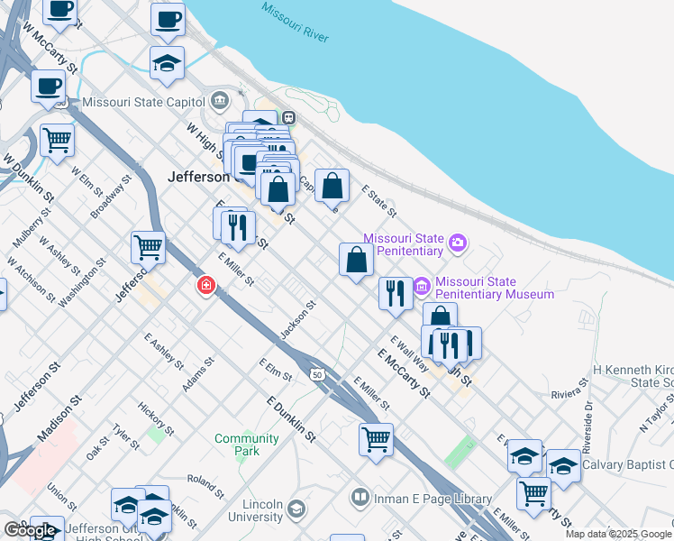 map of restaurants, bars, coffee shops, grocery stores, and more near E Wall Way in Jefferson City