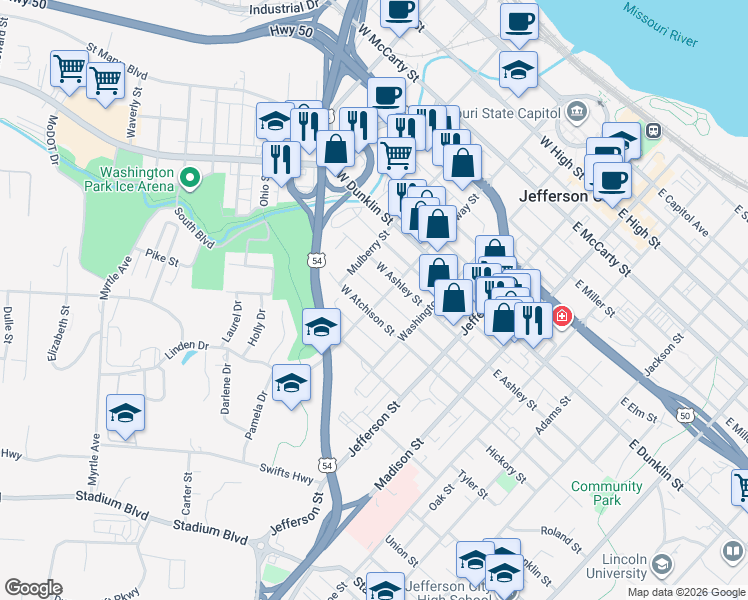 map of restaurants, bars, coffee shops, grocery stores, and more near 908 Broadway in Jefferson City
