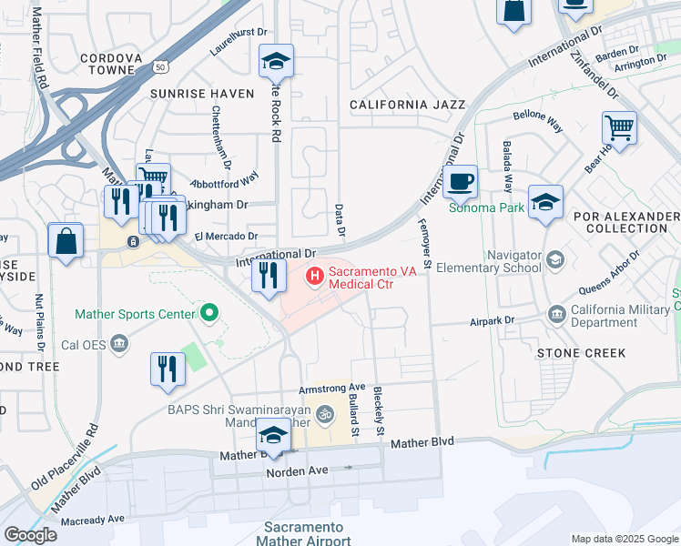 map of restaurants, bars, coffee shops, grocery stores, and more near 10535 Hospital Way in Rancho Cordova