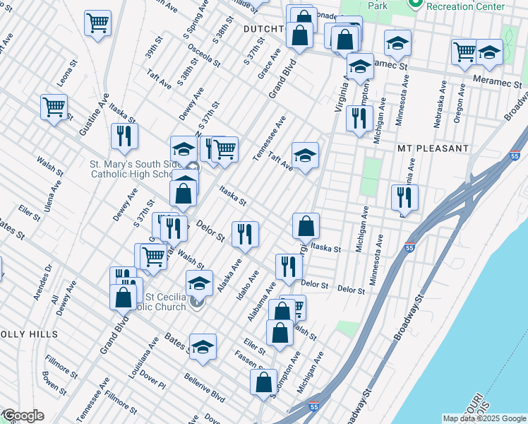 map of restaurants, bars, coffee shops, grocery stores, and more near 3443 Itaska Street in St. Louis
