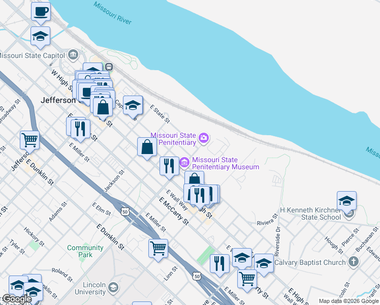 map of restaurants, bars, coffee shops, grocery stores, and more near 101-199 Lafayette St in Jefferson City