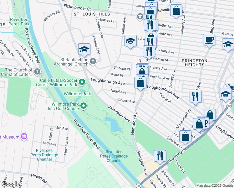 map of restaurants, bars, coffee shops, grocery stores, and more near 6206 Nagel Avenue in St. Louis