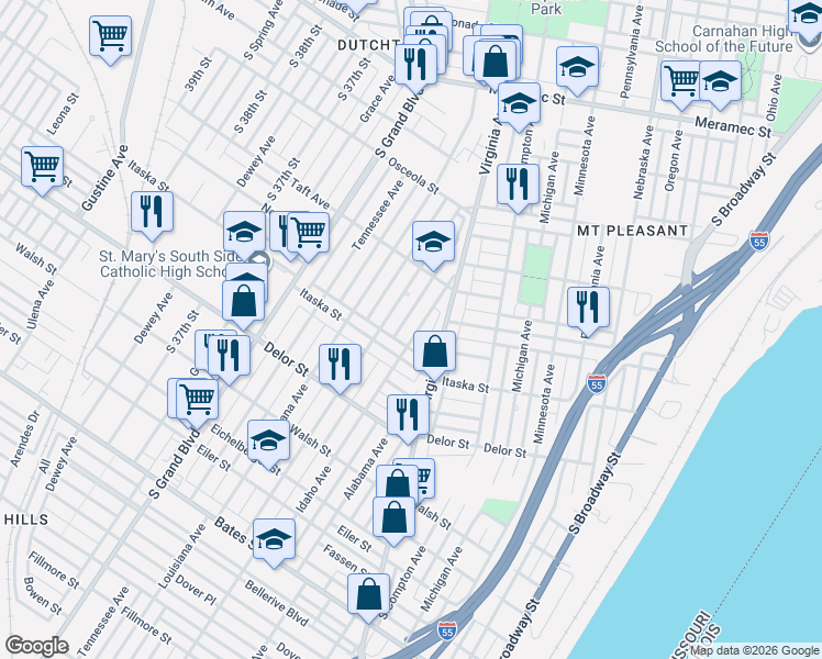 map of restaurants, bars, coffee shops, grocery stores, and more near 4676 Idaho Avenue in St. Louis