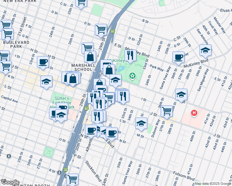 map of restaurants, bars, coffee shops, grocery stores, and more near 3150 I Street in Sacramento
