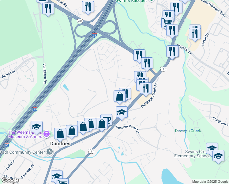 map of restaurants, bars, coffee shops, grocery stores, and more near 17476 Tripoli Boulevard in Dumfries