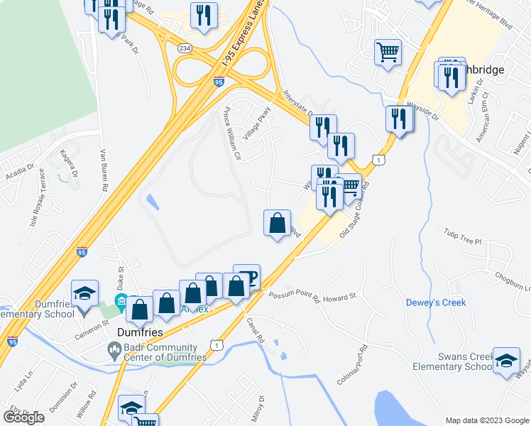 map of restaurants, bars, coffee shops, grocery stores, and more near 17476 Tripoli Boulevard in Dumfries