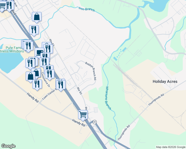 map of restaurants, bars, coffee shops, grocery stores, and more near 164 Bobbys Branch Road in Millsboro