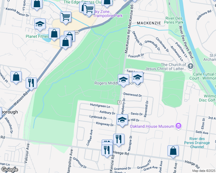 map of restaurants, bars, coffee shops, grocery stores, and more near 7602-7630 Mackenzie Road in Saint Louis
