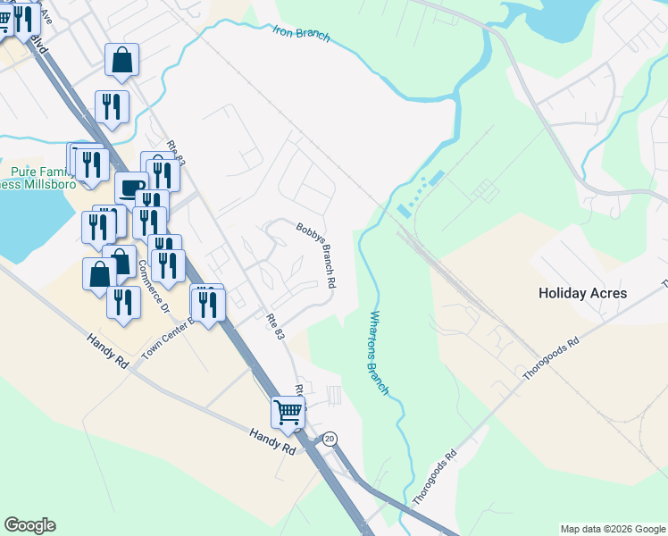 map of restaurants, bars, coffee shops, grocery stores, and more near 164 Bobbys Branch Road in Millsboro