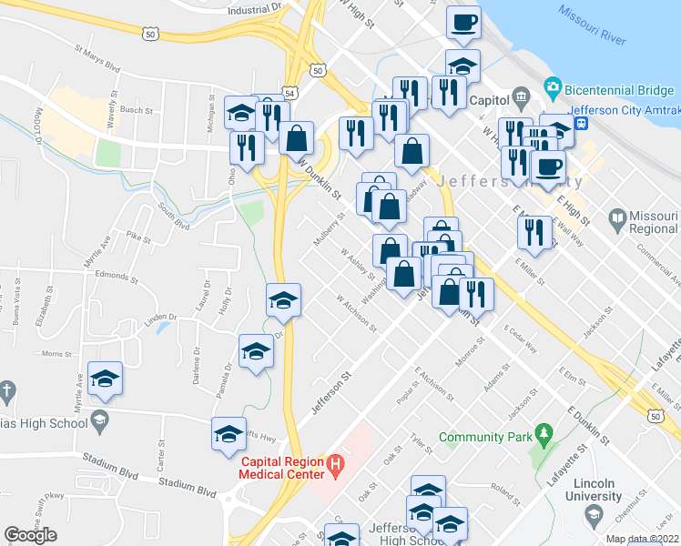 map of restaurants, bars, coffee shops, grocery stores, and more near West Hess Way in Jefferson City