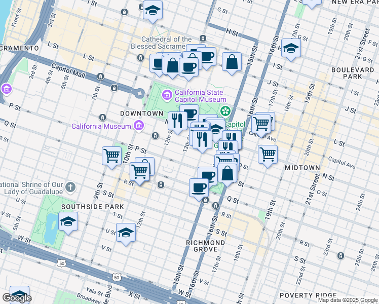 map of restaurants, bars, coffee shops, grocery stores, and more near 1304 O Street in Sacramento
