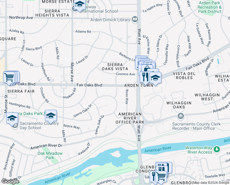 map of restaurants, bars, coffee shops, grocery stores, and more near 440 Larch Lane in Sacramento
