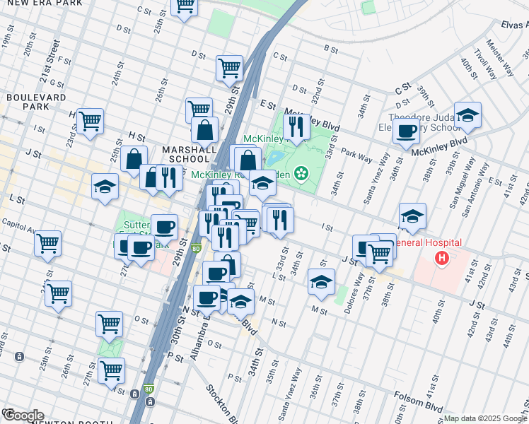 map of restaurants, bars, coffee shops, grocery stores, and more near 3111 I Street in Sacramento
