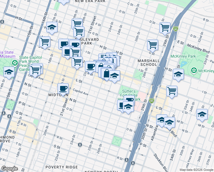 map of restaurants, bars, coffee shops, grocery stores, and more near 2416 K Street in Sacramento