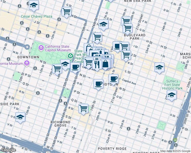 map of restaurants, bars, coffee shops, grocery stores, and more near 1809 Capitol Avenue in Sacramento