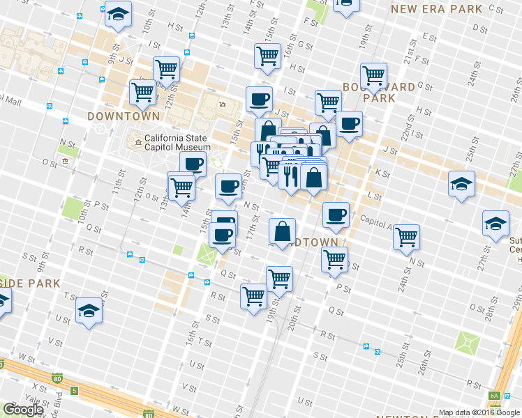 map of restaurants, bars, coffee shops, grocery stores, and more near 1714 Capitol Avenue in Sacramento