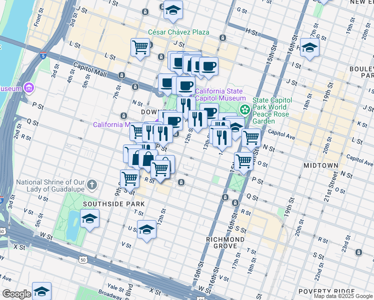 map of restaurants, bars, coffee shops, grocery stores, and more near in Sacramento