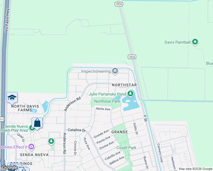 map of restaurants, bars, coffee shops, grocery stores, and more near 404 Merganser Place in Davis