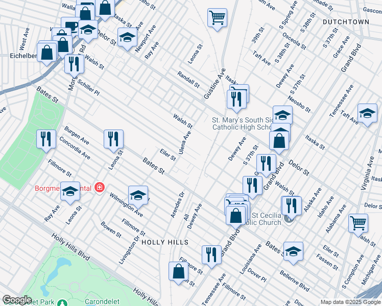 map of restaurants, bars, coffee shops, grocery stores, and more near 3844 Walsh Street in St. Louis