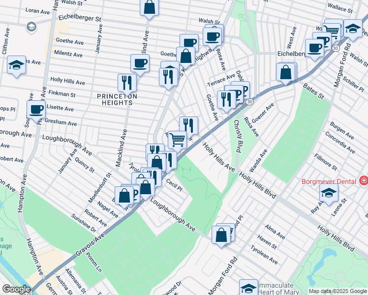 map of restaurants, bars, coffee shops, grocery stores, and more near 6431 East Court in St. Louis