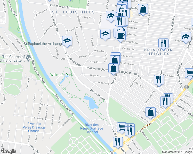 map of restaurants, bars, coffee shops, grocery stores, and more near 6210 Loughborough Avenue in St. Louis