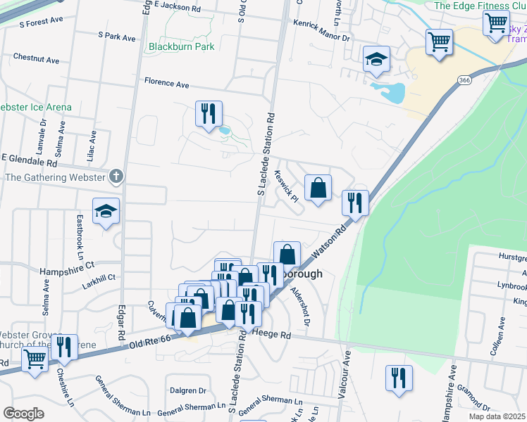 map of restaurants, bars, coffee shops, grocery stores, and more near 749 Fieldston Terrace in Webster Groves