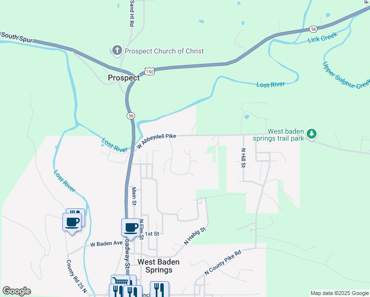 map of restaurants, bars, coffee shops, grocery stores, and more near 8047 West Abbeydell Pike in West Baden Springs