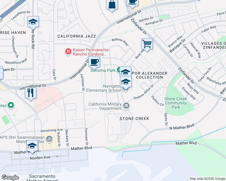 map of restaurants, bars, coffee shops, grocery stores, and more near 10733 Robola Way in Rancho Cordova