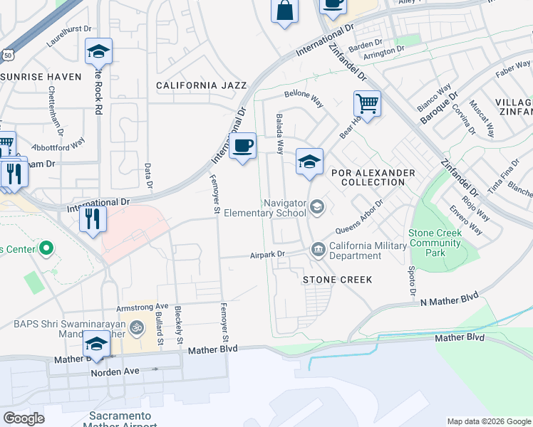 map of restaurants, bars, coffee shops, grocery stores, and more near 3356 Verdeca Way in Rancho Cordova