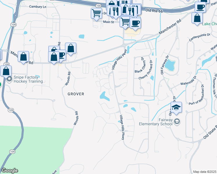 map of restaurants, bars, coffee shops, grocery stores, and more near 16535 Victoria Crossing Drive in Wildwood