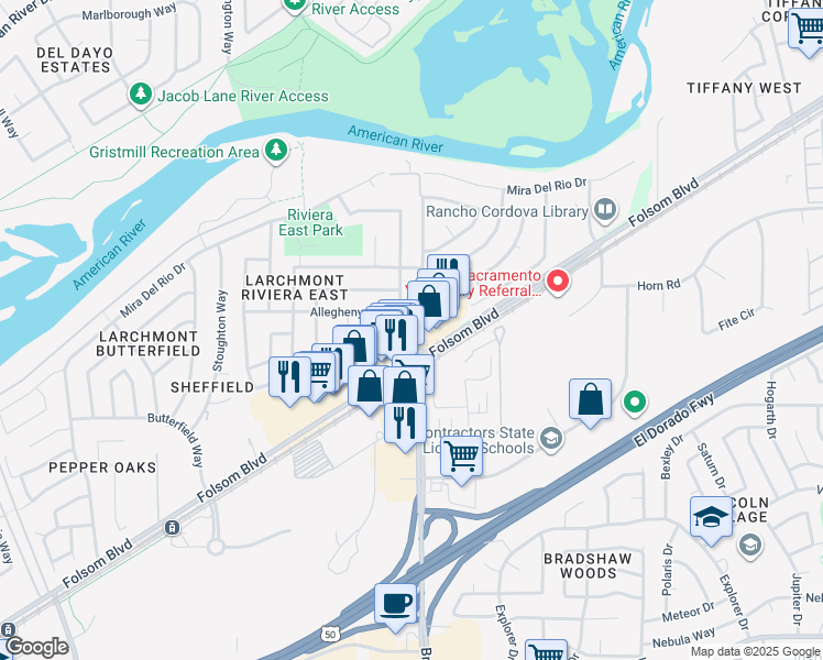 map of restaurants, bars, coffee shops, grocery stores, and more near 2842 Bradshaw Road in Sacramento