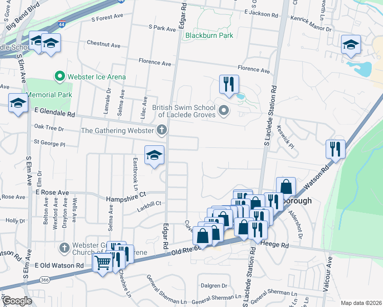 map of restaurants, bars, coffee shops, grocery stores, and more near 15 Villawood Lane in Webster Groves