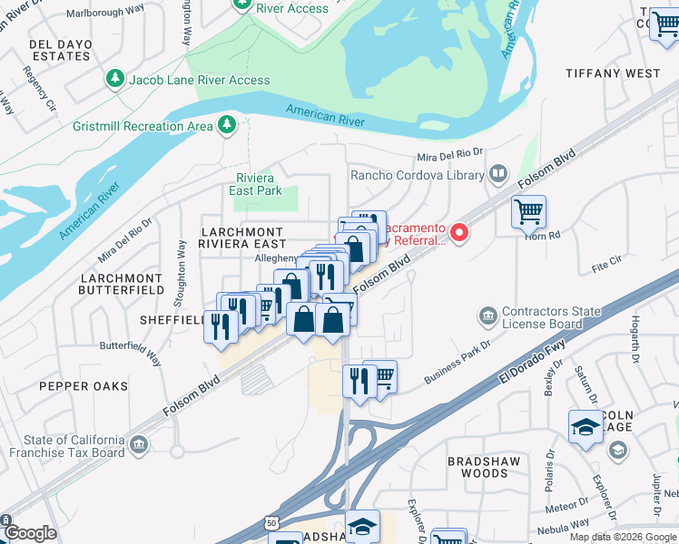 map of restaurants, bars, coffee shops, grocery stores, and more near 2842 Bradshaw Road in Sacramento