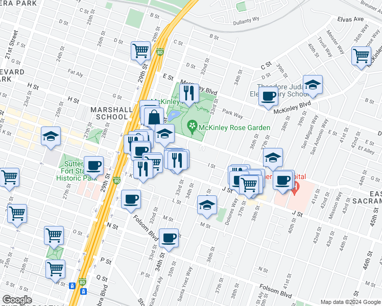 map of restaurants, bars, coffee shops, grocery stores, and more near 3344 H Street in Sacramento