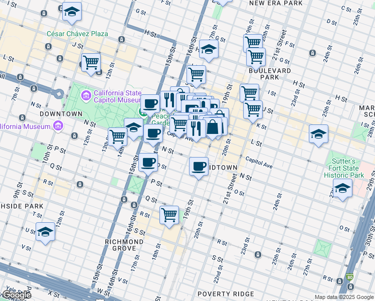 map of restaurants, bars, coffee shops, grocery stores, and more near 1714 Capitol Avenue in Sacramento