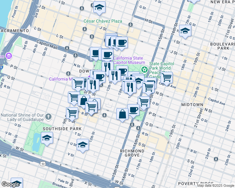 map of restaurants, bars, coffee shops, grocery stores, and more near 1215 O Street in Sacramento