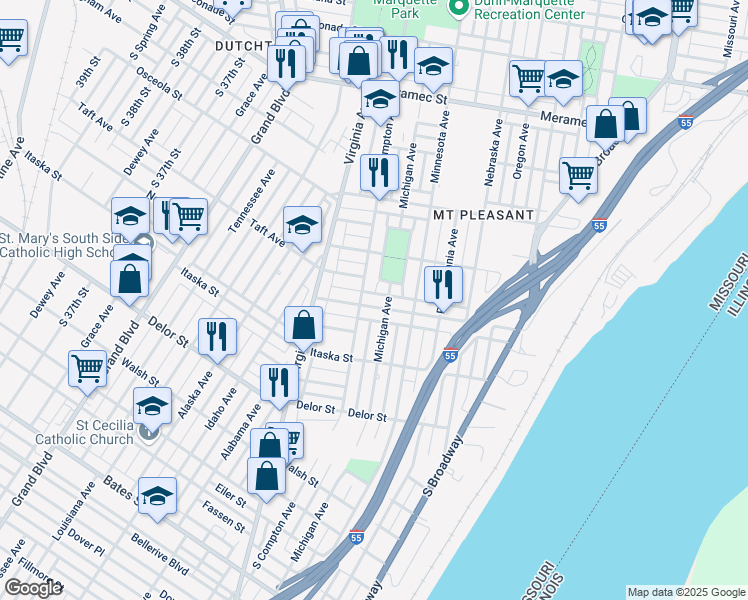 map of restaurants, bars, coffee shops, grocery stores, and more near in St. Louis
