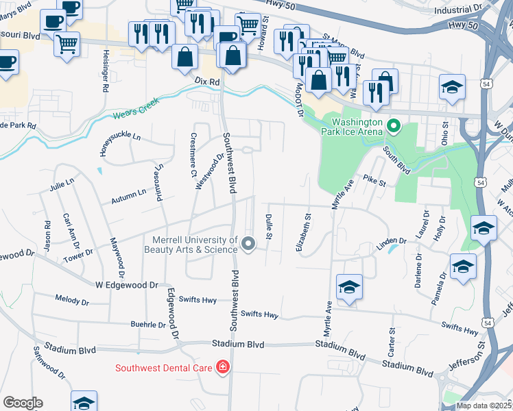 map of restaurants, bars, coffee shops, grocery stores, and more near 915 Southwest Boulevard in Jefferson City