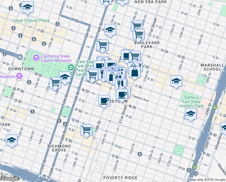 map of restaurants, bars, coffee shops, grocery stores, and more near 1928 L Street in Sacramento