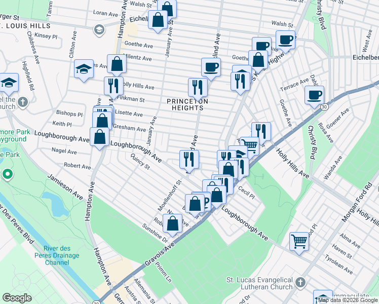 map of restaurants, bars, coffee shops, grocery stores, and more near 5217 Bonita Avenue in St. Louis