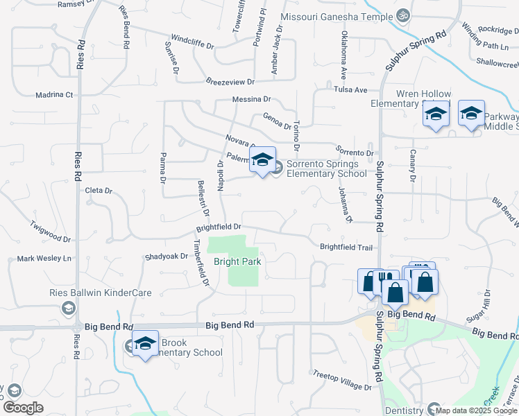 map of restaurants, bars, coffee shops, grocery stores, and more near 309 Oakfield Drive in Ballwin
