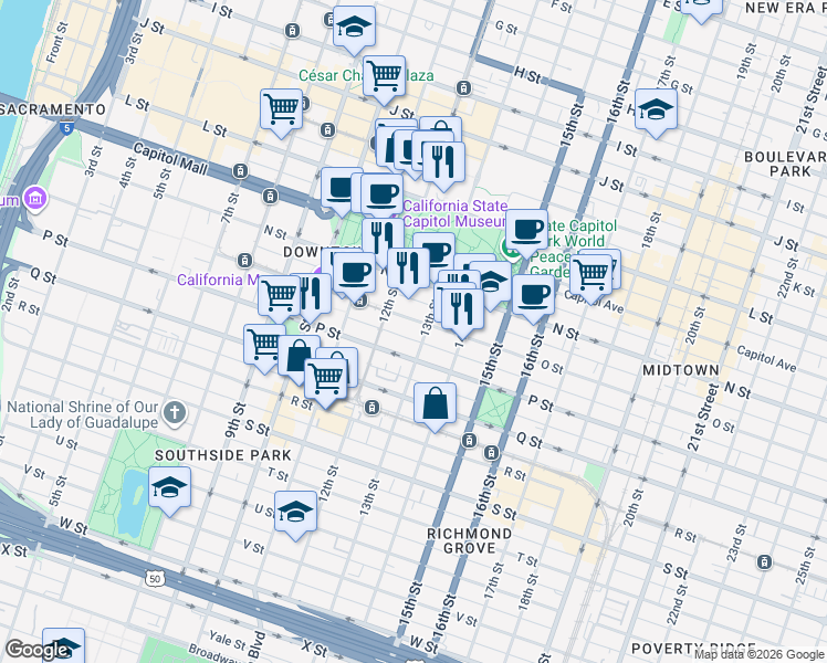 map of restaurants, bars, coffee shops, grocery stores, and more near 1215 O Street in Sacramento