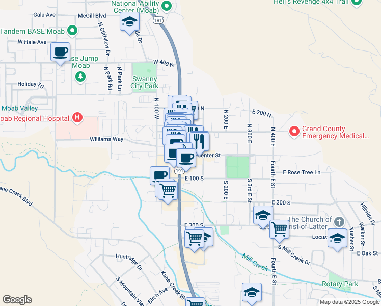 map of restaurants, bars, coffee shops, grocery stores, and more near in Moab